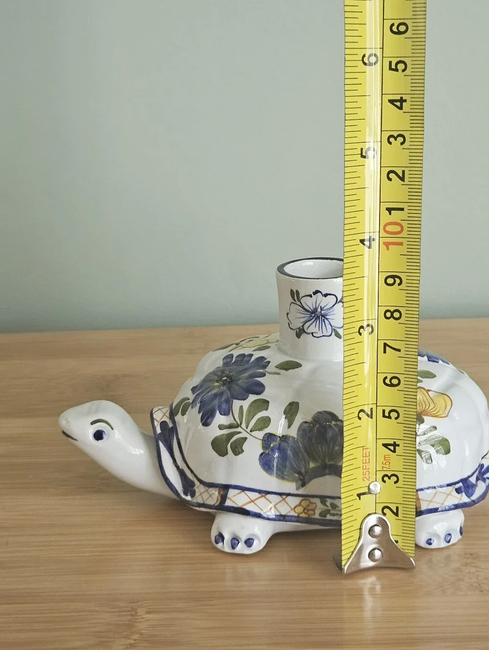 Made in Italy Hand Painted Ceramic Turtle Candle Holder Floral Glossy Finish VTG
